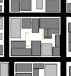 A map showing the warehouse district around the Pendulum Men's lair (center right, with smokestacks).